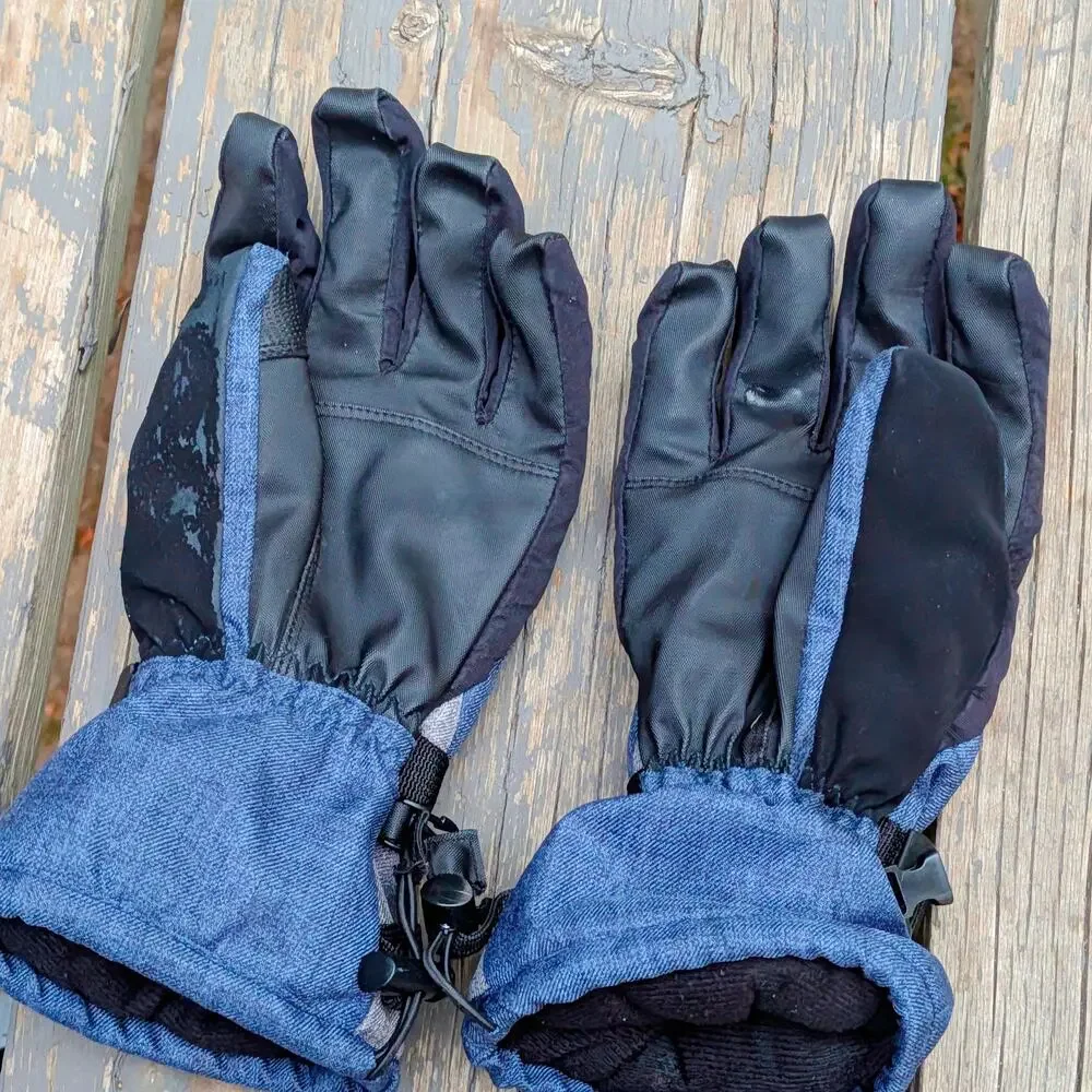 Mens Insulated Winter Ski Snowboard Gloves Blue Denim Look Adjustable Straps